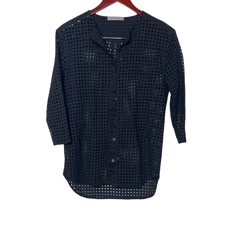 Pierre Balmain Black Eyelet Collarless Button Front Blouse sz 38